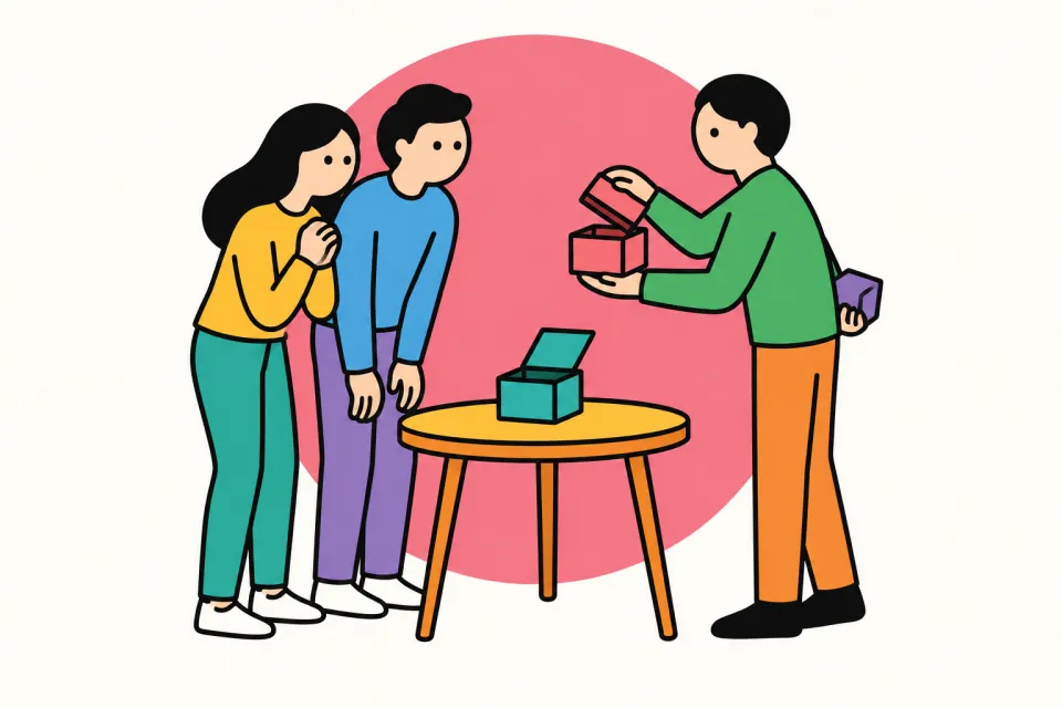 「オチを隠す、先に見せる、言わない」のイメージイラスト