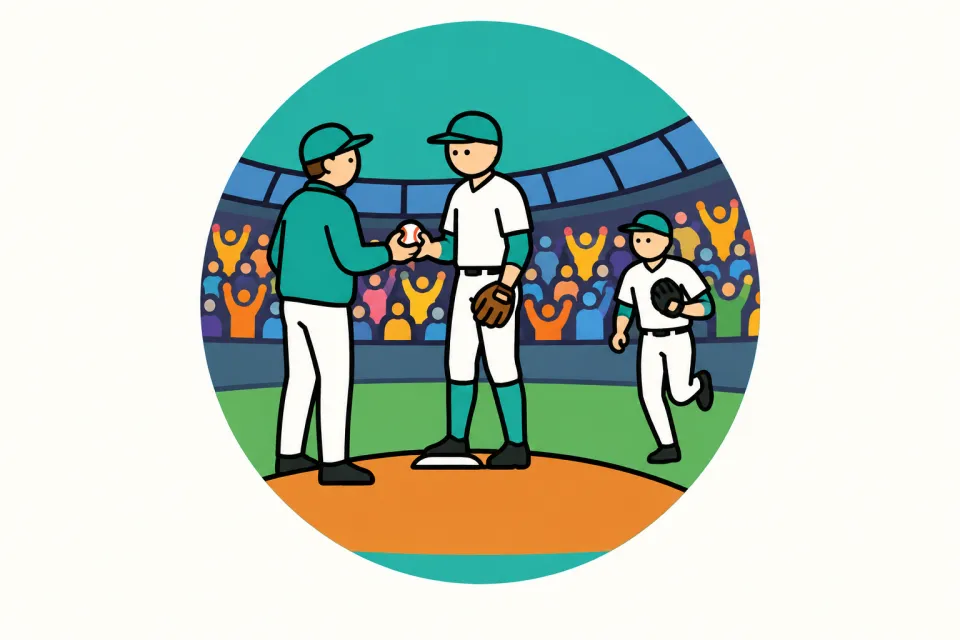 「日本シリーズ、山井から岩瀬への継投」のイメージイラスト