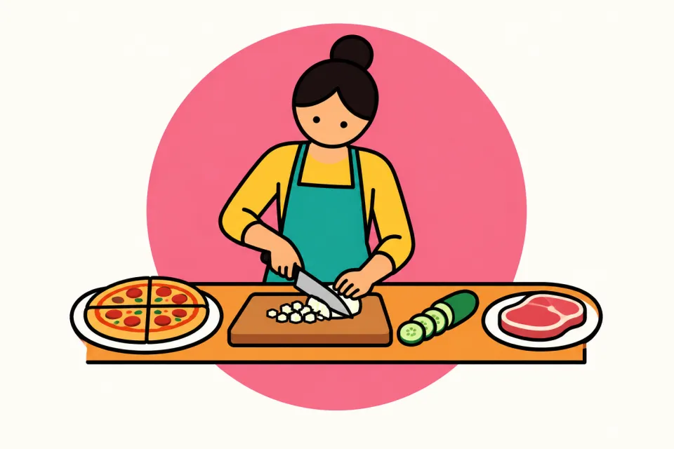 「「切る」「食べる」は動詞で分ける」のイメージイラスト