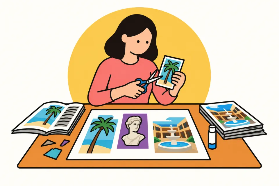 「背景はニューエイジ、コラージュ、80年代」のイメージイラスト
