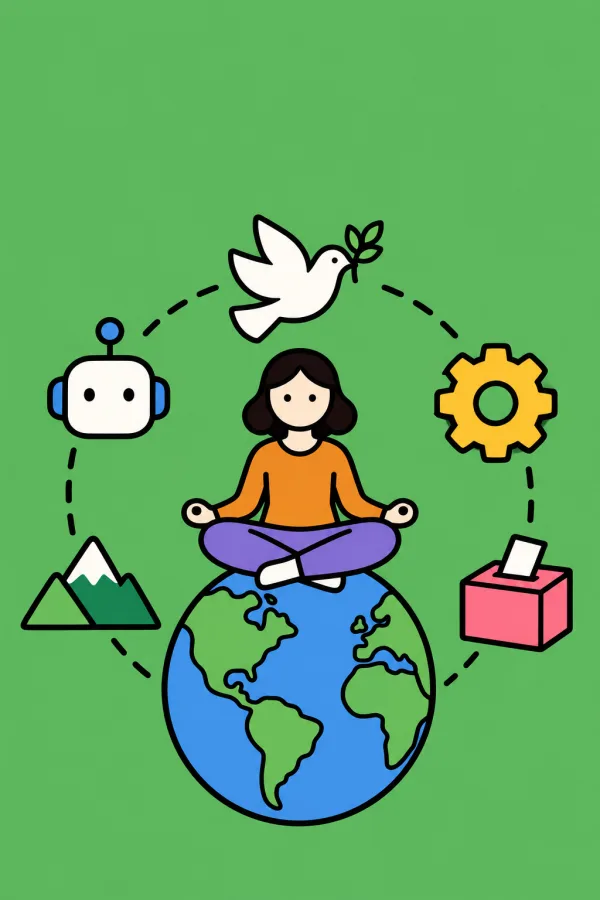 『21 Lessons 21世紀の人類のための21の思考』のイメージイラスト（実際の表紙ではありません）
