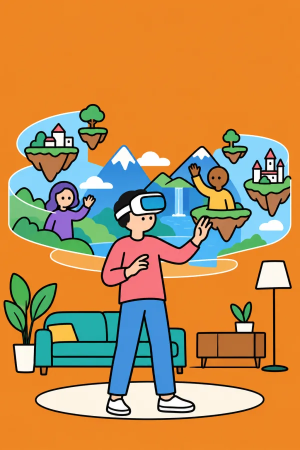 『VRビジネスの衝撃 「仮想世界」が巨大マネーを生む』のイメージイラスト（実際の表紙ではありません）